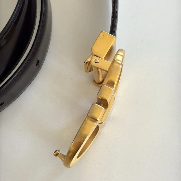 Salvatore Ferragamo Gold Dark Brown Leather Gancini Belt size 40”